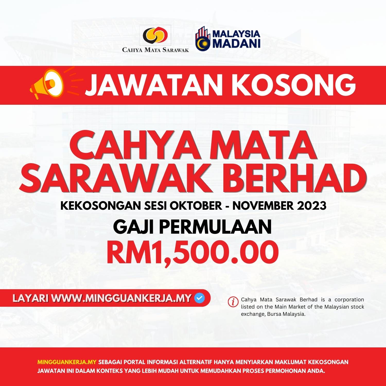 Jawatan Kosong Cahya Mata Sarawak Gaji Bermula Rm1 500