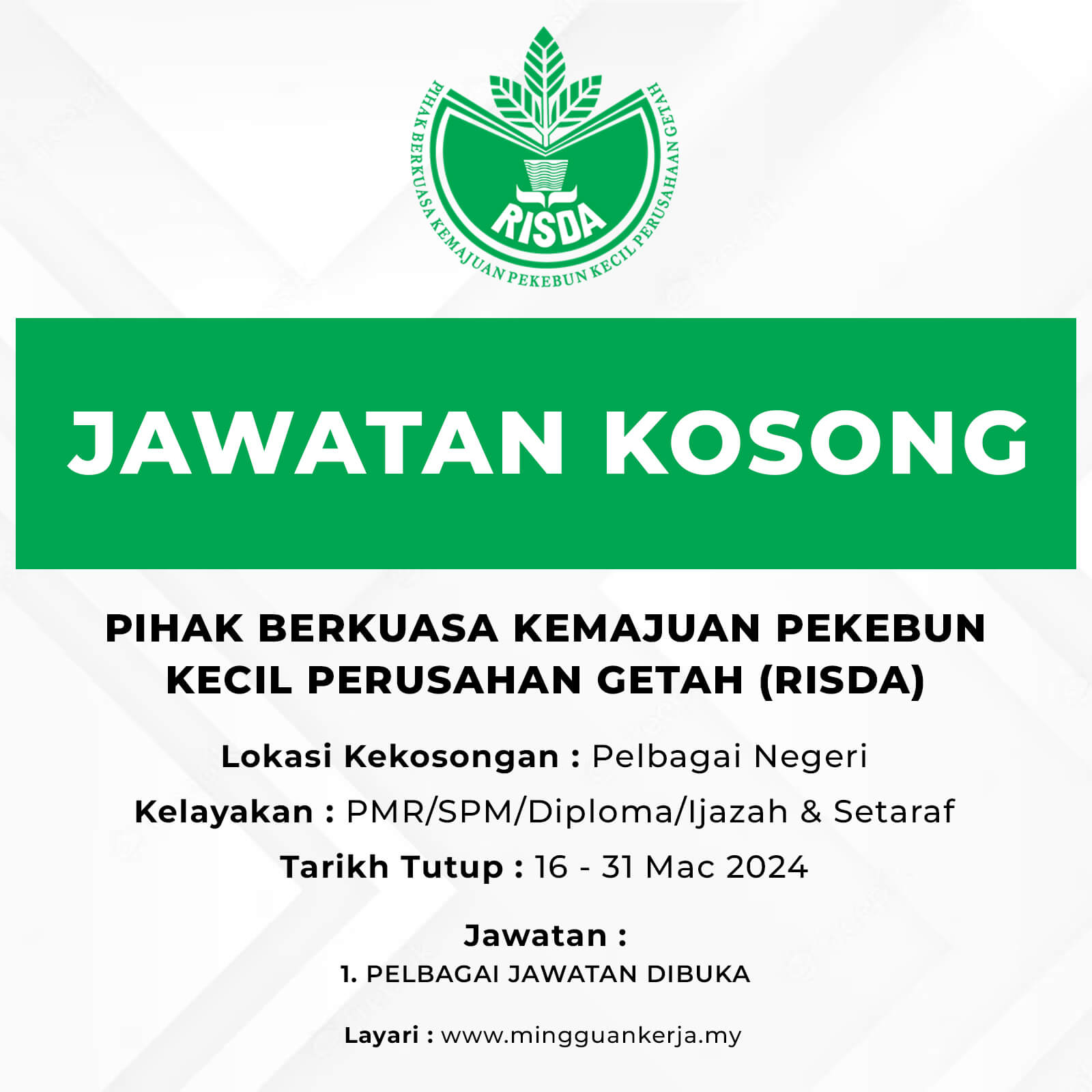 Jawatan Kosong RISDA Pelbagai Jawatan Dibuka Tahun 2024 Mingguan