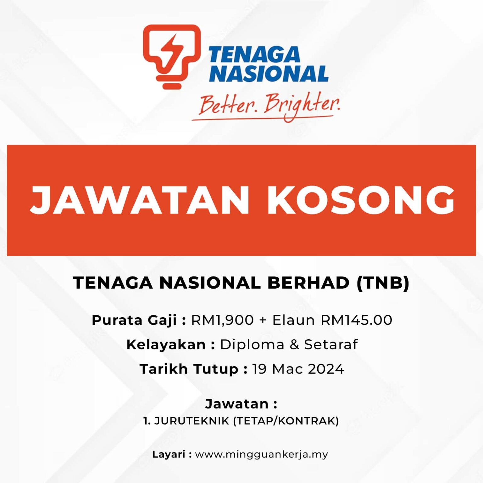 Jawatan Kosong Tenaga Nasional Berhad (TNB) : Gaji RM1,900 + Elaun ...